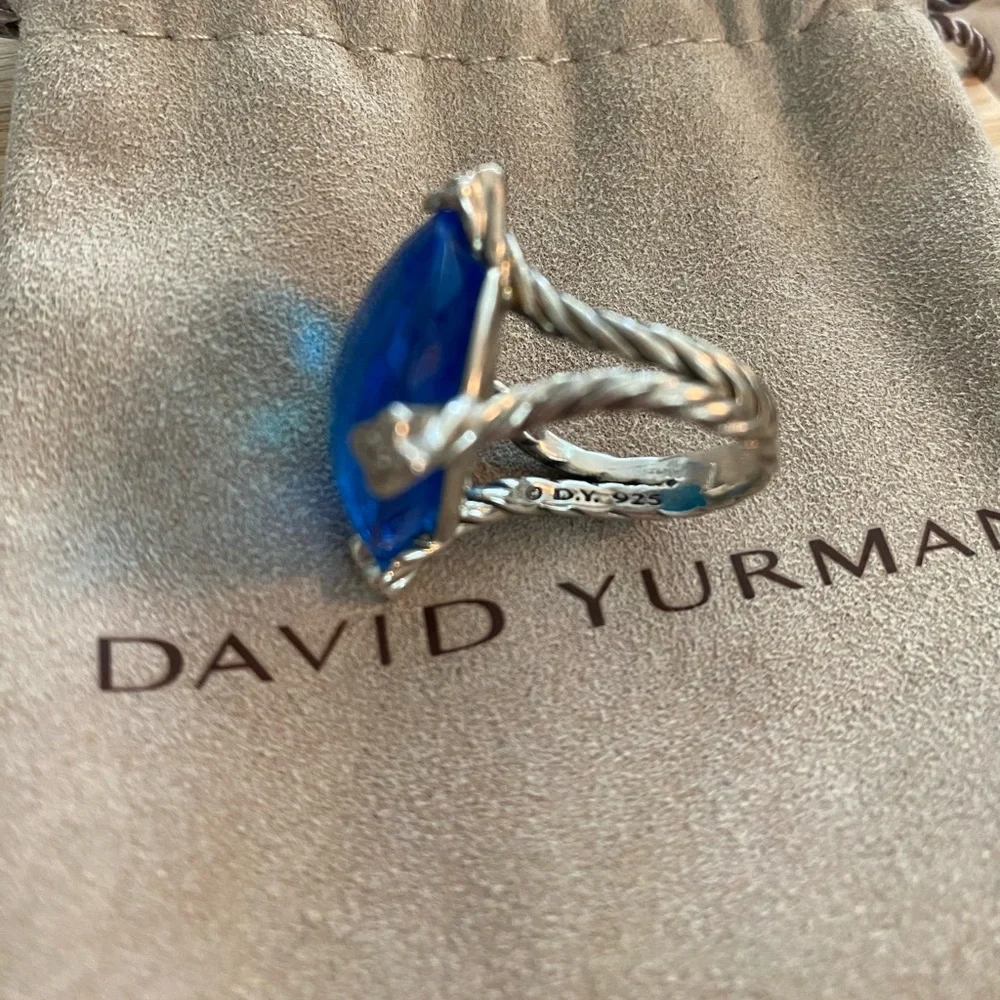 David Yurman 20 MM Blue Topaz & Diamond Cushion On Point Ring - Picture 5 of 5